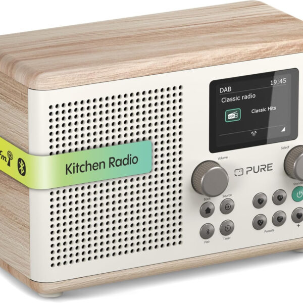 Pure Classic H4 Digital Kitchen Radio (DAB+/FM, Bluetooth, USB, AUX, Kitchen Timer, Alarm), Cotton White/Oak
