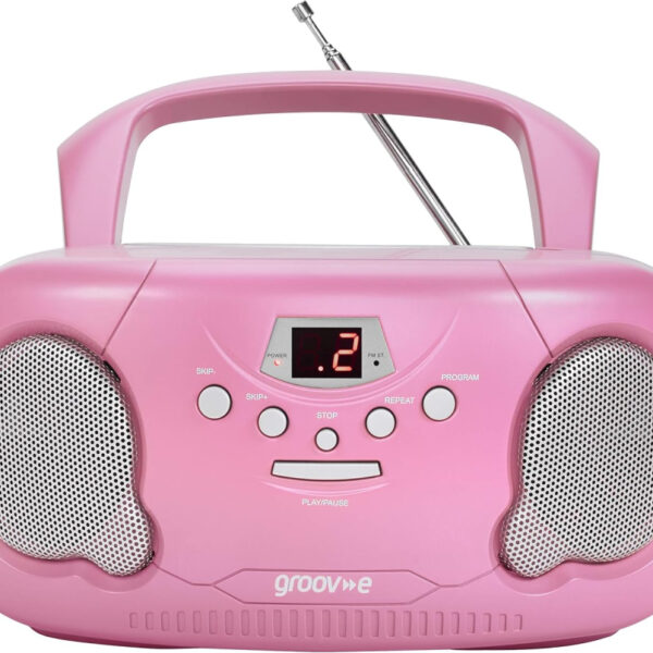 Groov-e Portable CD Player Boombox with AM/FM Radio, 3.5mm AUX Input, Headphone Jack, LED Display - Pink
