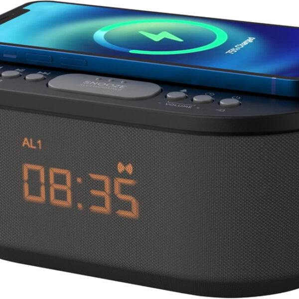 i-box Alarm Clocks Bedside, Alarm Clock with Wireless Charging, Bluetooth Speaker, Radio Alarm Clock, Fast Qi Wireless Charger, Mains Powered, FM Radio, USB Charging Port, Dimmable, Non Ticking