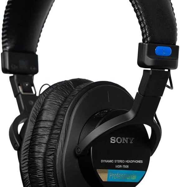 Sony MDR-7506 Closed-Back Studio Monitor Headphones - Wired, 10Hz to 20kHz Frequency Range, Good for Studio Recording & Mixing, 63 Ohm, Lightweight Foldable Design (227g), Includes Pouch, Black