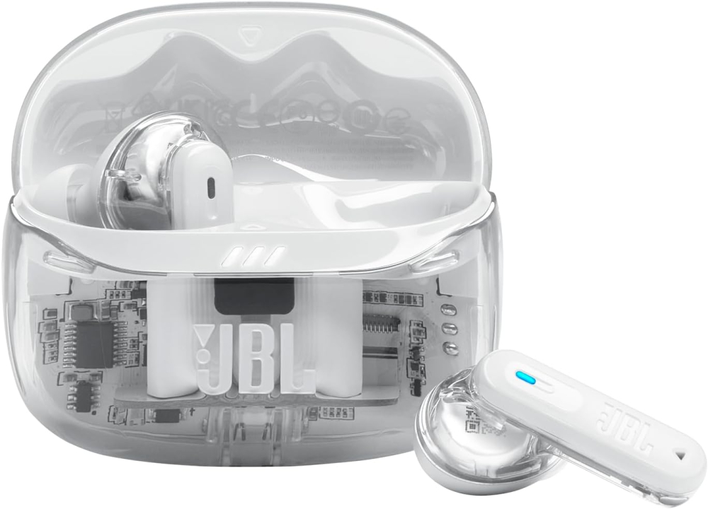 JBL Tune Beam Ghost 2, Wireless Noise Cancelling Bluetooth Earbuds with 48h Playtime, IP54 Water and Dust Resistant, Multi-Point Connection, Ergonomic Design, Closed-Back Stick Design, White Ghost