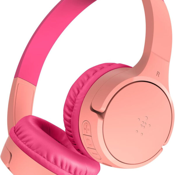Belkin SoundForm Mini Kids Wireless Headphones with Built-In Microphone, 30H of Playback Time, & Fun Stickers - Over-Ear Headsets for Online Learning, School, Travel, iPhone, iPad, Galaxy - Pink