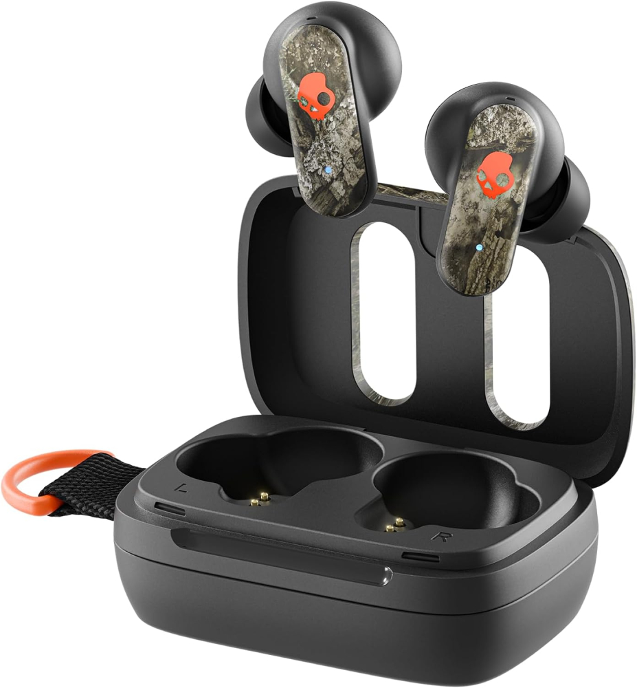 Skullcandy Dime 3 Wireless Earbuds, Bluetooth Headphones, Noise Isolating Fit, Up to 20 Hours Battery, Microphone for iPhone Android, Easy Carry with Integrated Lanyard - Realtree APX Black/Orange