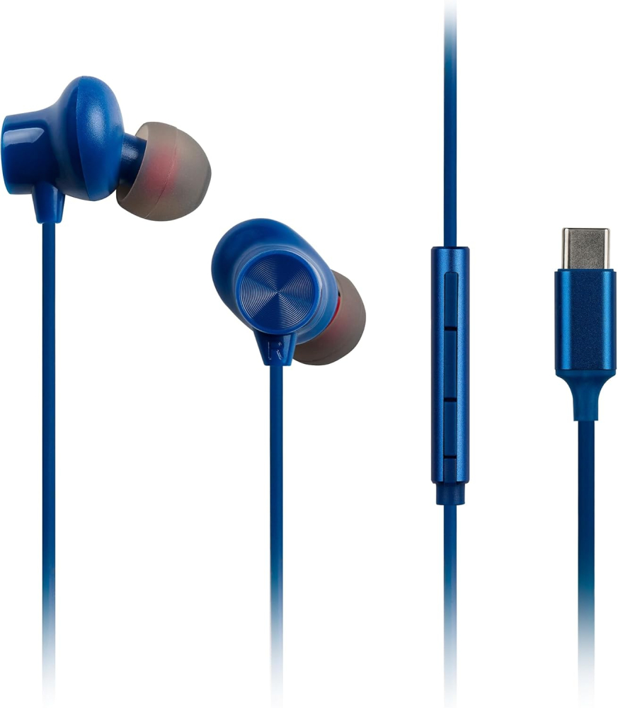 Panasonic RP-TCM225DEA USB-C Earphones, In-Ear Earbuds, Wired Headphones with Built-in Mic & Remote, Powerful Bass, Customisable Fit, 1.2m Cable, Blue