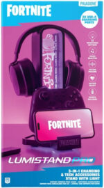 Paladone Fortnite 3-in-1 Headphone Stand and Tech Charging Station with Console Controller Cradle and 2 USB-C Ports, RGB Colour Changing Light Panel, Officially Licensed Gift for Gamers