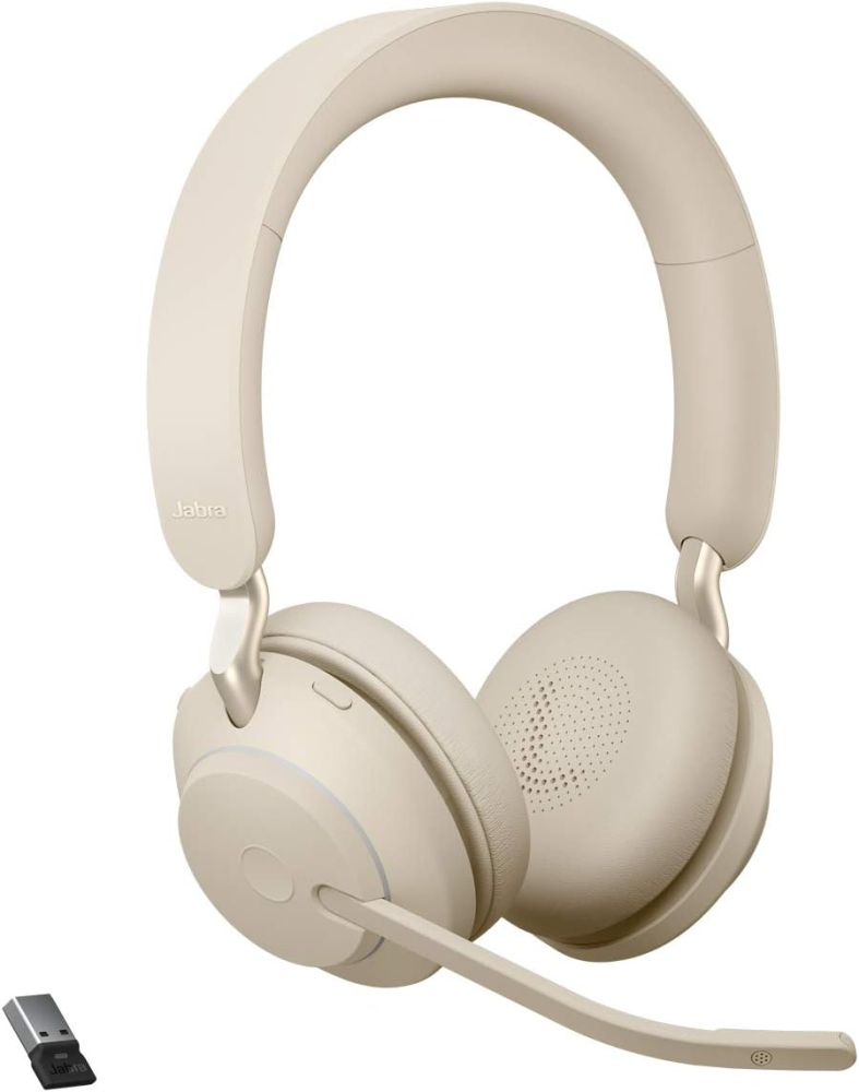 Jabra Evolve2 65 Wireless PC Headset – Noise Cancelling UC Certified Stereo Headphones With Long-Lasting Battery – USB-A Bluetooth Adapter – Beige