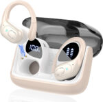 Wireless Earbuds, 75H Bluetooth 5.4 Headphones Sport with 4 ENC Noise Cancelling Mic, HiFi Stereo Wireless Earphones with Earhooks, IP7 Waterproof Ear Buds for Sport/Running/Gym, Camel