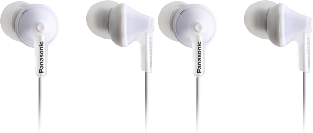 Panasonic RP-HJE125E-W In Ear Wired Earphones with Powerful Sound, Comfortable Non-Slip Fit, Ergofit, Includes 3 Sized Ear Buds, White (Pack of 2)