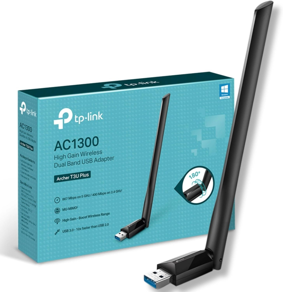 TP-Link Archer T3U Plus AC1300 USB WiFi Adapter for PC, Dual Band 3.0 USB WiFi Dongle for PC, Adjustable Two High-Gain Antennas Built in One, MU-MIMO, Windows 11/10/8.1/8/7XP, Mac OS, Easy Setup