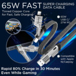 Multi Charger Cable 4 in 1 Fast Charging | 65W, 3A Multi Charger Cable with USB C/USB A to Light'ning, USB C/USB A to USB C | 3FT Nylon Braided for iPhone 17-12 Pro Max, MacBook, Samsung, iPad, Silver - Image 3