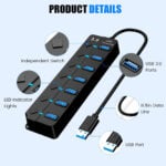 7-Port USB 3.0 Hub Multiport Splitter with Individual Power Switches and Lights Adapter Extension High-Speed Data for Apple MacBook Air MacBook Pro Mac iMac Mac Pro Windows (USB hub) - Image 3