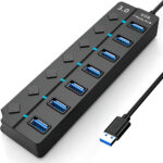 7-Port USB 3.0 Hub Multiport Splitter with Individual Power Switches and Lights Adapter Extension High-Speed Data for Apple MacBook Air MacBook Pro Mac iMac Mac Pro Windows (USB hub)