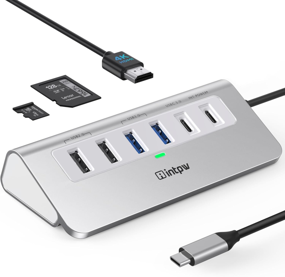 Intpw USB C Hub, 9-IN-1 USB C Hub Multiport Adapter with 4K HDMI, PD 100W, Type C and 2 Type A 3.0 5Gbps, 2 Type A 2.0, SD/TF and Aluminium USB HUB for Laptop/iPhone15/16 series/MacBook Air/Pro