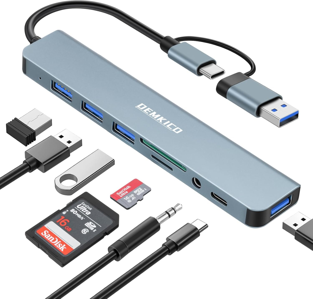 DEMKICO 8 in 1 USB C Hub, USB C Adapter with 4 USB Ports, SD/TF Card Reader, 3.5mm Headphone Jack, USB C Data Port, Compatible with MacBook Pro/Macbook Air/XPS/Tablet/Smartphones and More
