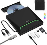 New External CD DVD Drive, Cool DVD Burner USB 3.0 with Ethernet Adapter, 3 USB and 2 TF/SD Card Ports, CD DVD Player Reader Writer Optical Disc Drive for Laptop MacBook PC Windows Linux Mac OS