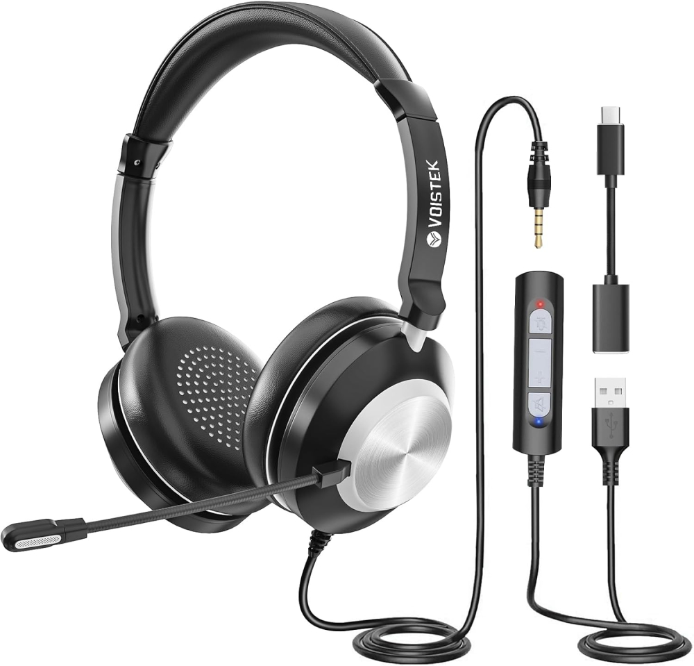 Voistek USB Headset with Microphone for Laptop,PC Headphones with USB/Type-C/3.5mm Jack,Computer Headset with Noise Cancelling Mic,In-Line Volume Control & Mute Button for Call Centres,Home,Office