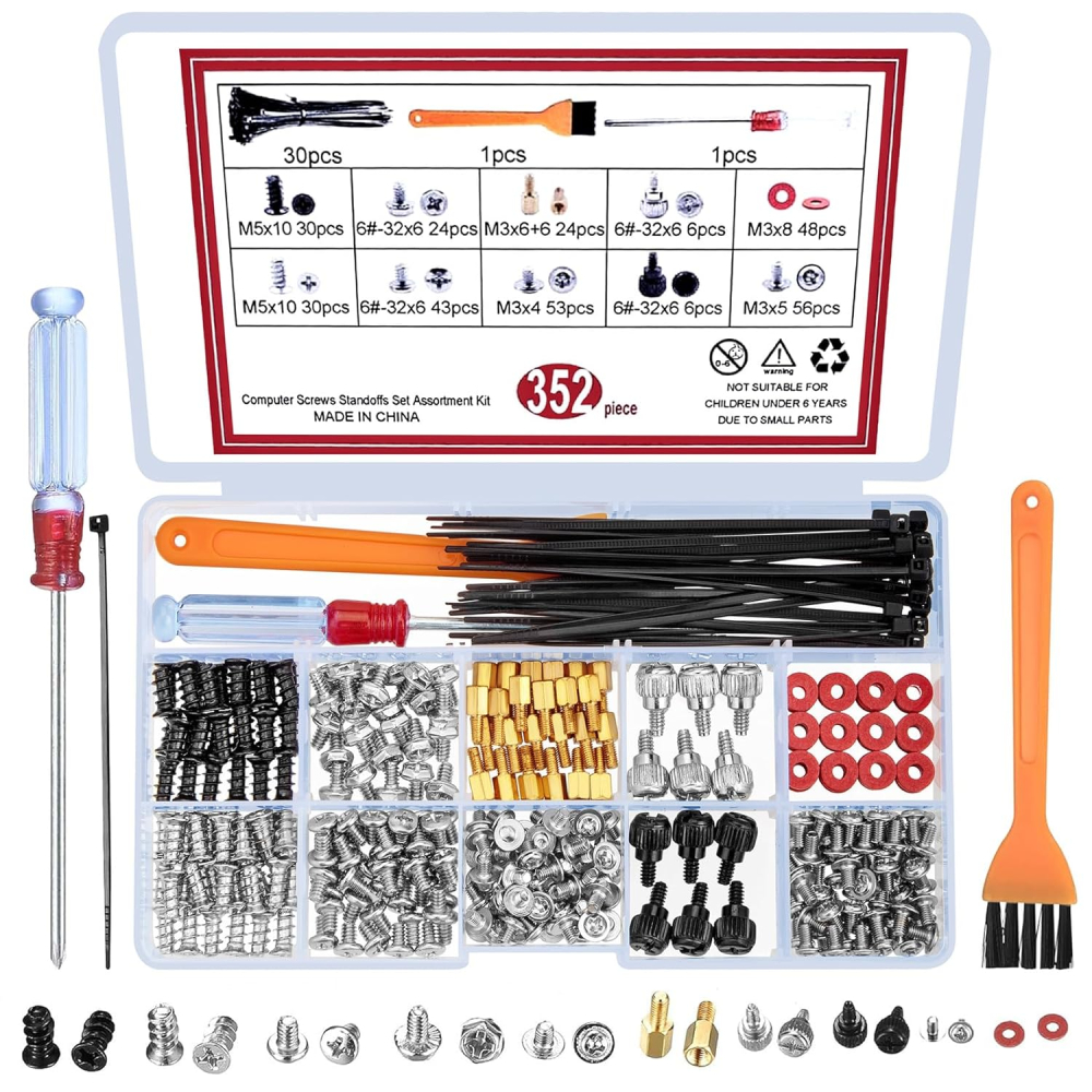 TOOINKCV 352 Pcs PC Screws Set, Personal Computer Standoffs Screws Kit, Laptop Notebook Motherboard Standoffs Screws Kit for Hard Drive Computer Case Motherboard Fan Power Graphics CD-ROM