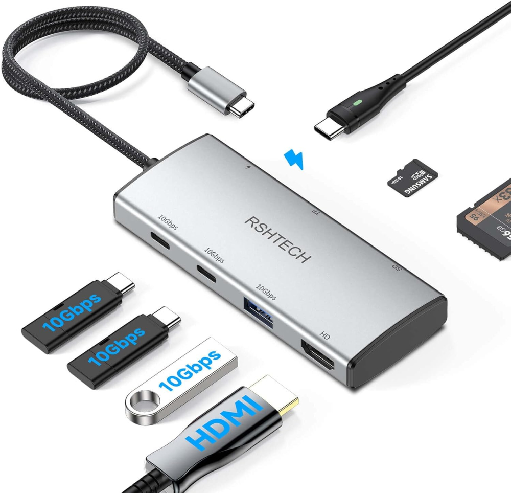 RSHTECH 10Gbps USB C Hub, 7-in-1 USB-C Multiport Adapter with 4K@60Hz HDMI, 3 USB 3.2 (2C+1A), 100W PD & SD/TF, USBC Splitter Compatible with MacBook Air/Pro, Surface, XPS and other Laptops (RSH-T07)