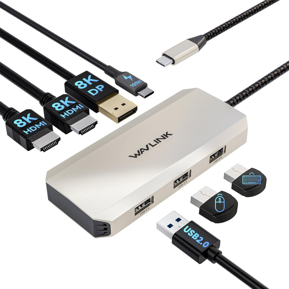 USB C Docking Station,WAVLINK Triple Display Docking Station with 100W PD,Triple 4K@60Hz Ultra HD Display,Dual HDMI,DP,3 USB Ports Compatible with Dell/HP/Lenovo, Windows Systerm Computer