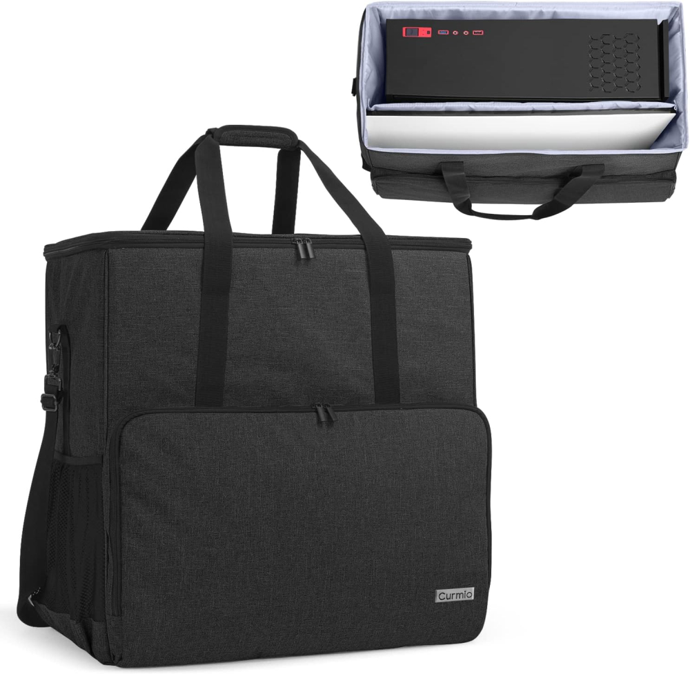 CURMIO Desktop Computer Tower and Monitor Carrying Case,Travel Tote Bag for PC Chassis, Monitor, Keyboard, Cable and Mouse, Earphone, Bag Only, Black